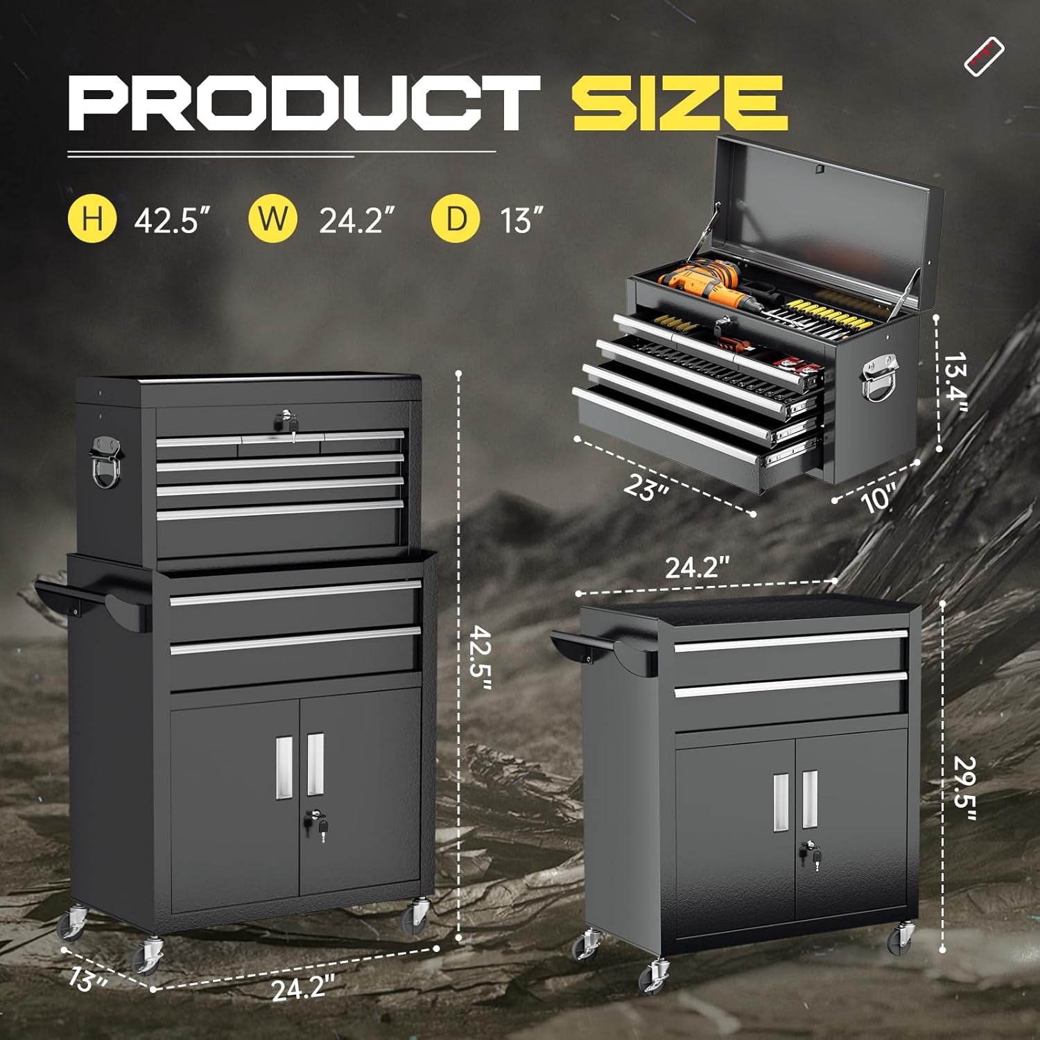 8-Drawer Rolling Tool Chest with Lock, Detachable Tool Cabinet Cart with Wheels, High-Capacity Mechanic Tool Organizer for Garage Workshop Warehouse Storage​