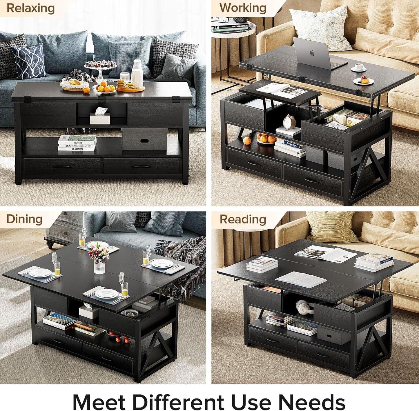40" Lift Top Coffee Table,4 in 1 Multi-Function Lift Coffee Tables with Storage Drawers and Hidden Compartmen,Farmhouse Coffee Table with Lifting Top for Living Room,Black