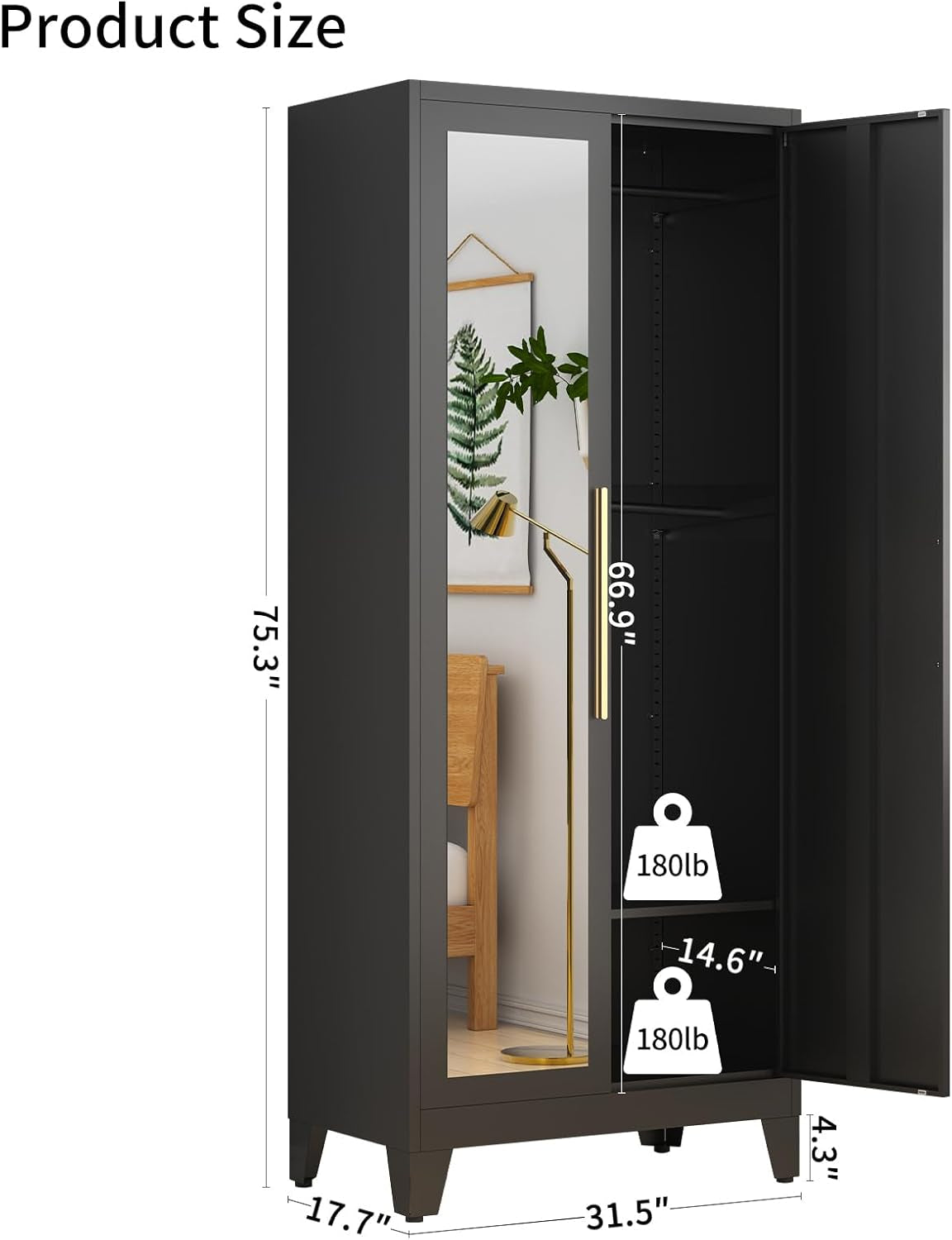 75" Tall Metal Armoire Wardrobe Closet with Mirror Doors, 2 Adjustable Hanging Rods & Adjustable Shelf, Freestanding Storage Cabinet Organizer for Bedroom, Office, Laundry Room, Black