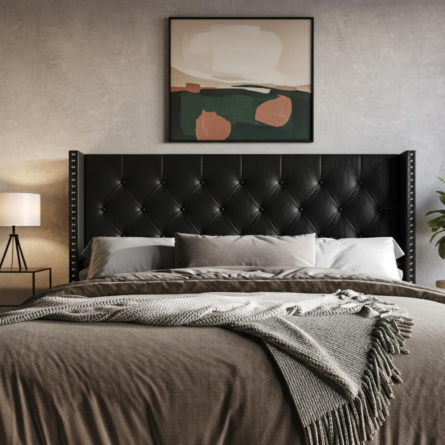 Sonoma King Tufted Upholstered Headboard, Wingback Design with Nailhead Trim and Foam Padding, Black