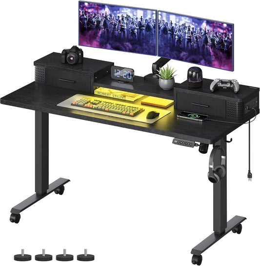 Electric Standing Desk with Drawers, 55.1 X 23.6 Inches, Sit Stand Desk with Power Outlet and LED Lights, Adjustable Height, Storage Shelf, 3 Memory Buttons, for Home Office, Ink Black