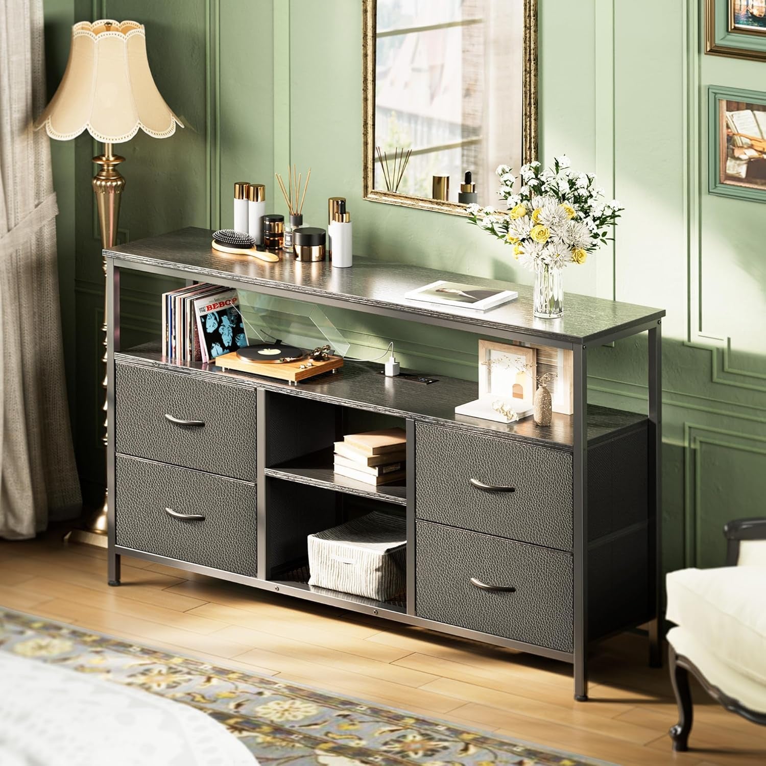 47 Inch TV Stand Dresser with Power Outlets and LED Lights, Fabric Dresser for Bedroom with Storage, 4 Drawers Entertainment Center with Open Shelf, Media Console for 55 50 Inch TV, Black