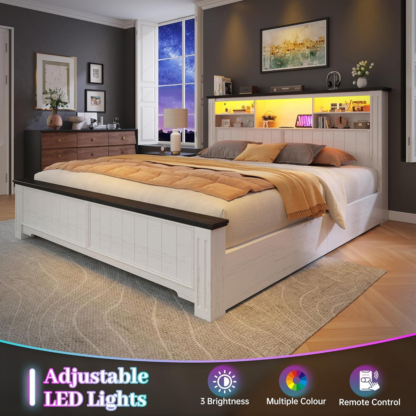 Queen Bed Frame with Headboard, Bed Frame Queen Size with 4 Drawers Charging Port & LED, Farmhouse Queen Bed Built in Charging Station,No Box Spring Needed,No Noise,White with Grain Marks