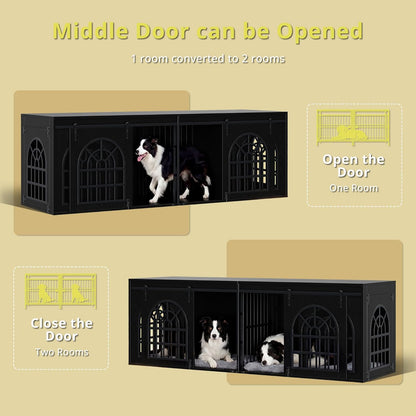 90.2" Double Room Dog Crate Furniture with Sliding Doors– Heavy Duty Wooden Dog Kennel with Hinged Divider, TV Stand & End Table for Large to Medium Dogs, Brown (Black)