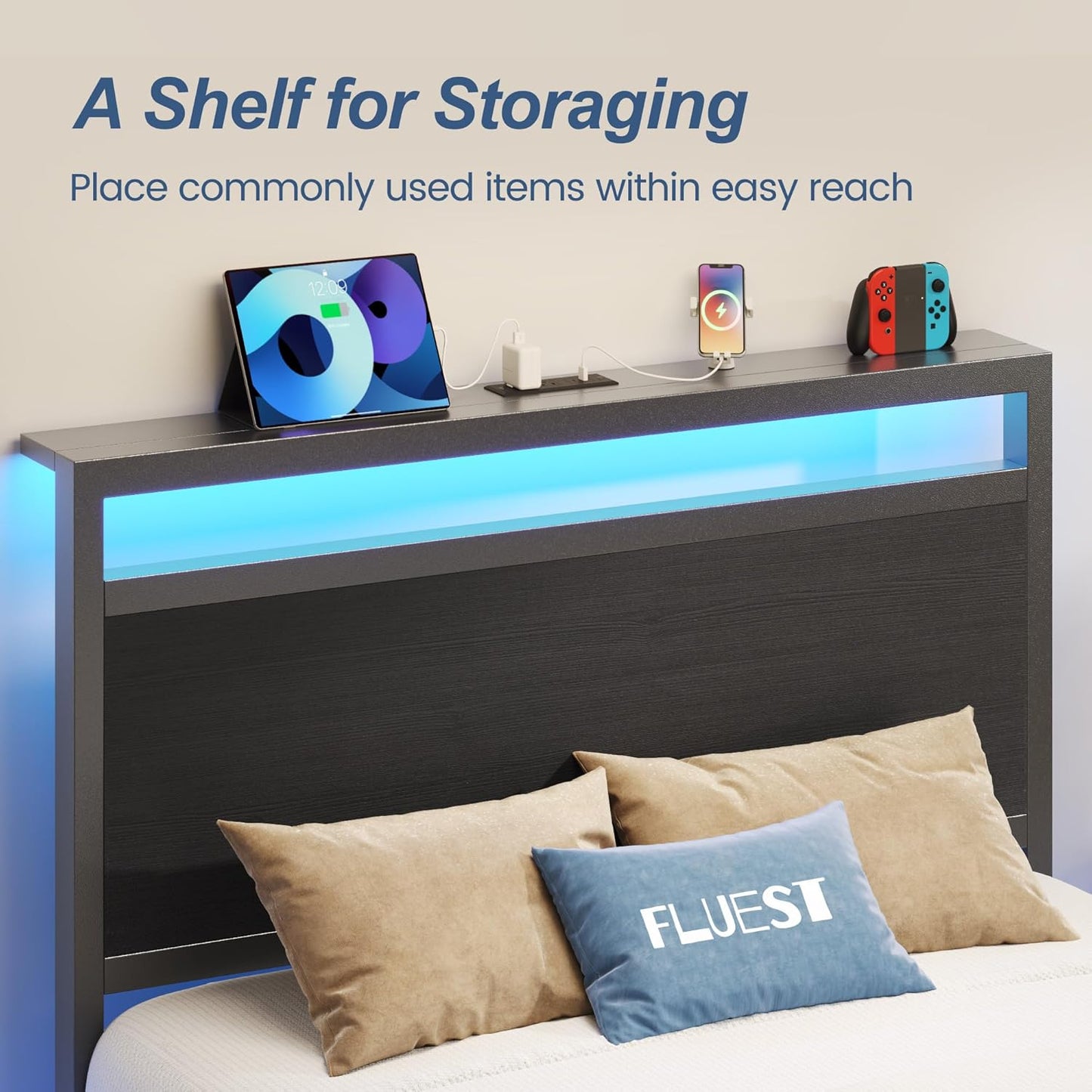 Twin Bed Frame,Twin Bed Frame with Storage Headboard & Storage Drawer, Charging Station & LED Light, No Box Spring Needed, Noise Free, Easy Assembly, Classic Black