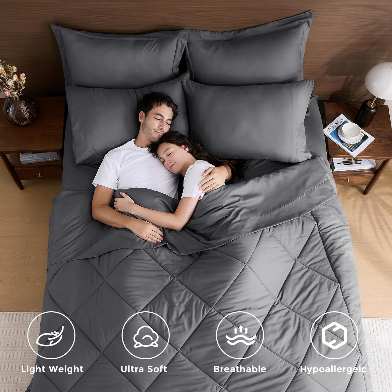 7 Pieces Queen Comforter Set, All Season Reversible Bed in a Bag Queen, Ultra Soft Queen Bedding Set with Grey Comforter, Flat Sheet, Fitted Sheet, Pillowcases, Pillow Shams, Dark Grey