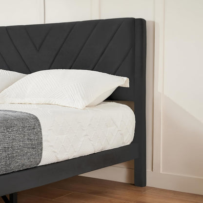 Queen Bed Frame with Headboard, Bed Frame Queen Size with Sturdy Wooden Slats Support, Platform Bed Frame with Velvet Upholstered Headboard, Mattress Foundation, Easy Assembly, No Box Spring Needed
