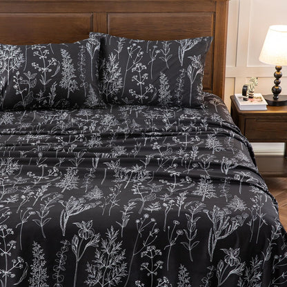 Grey Black Sheets King,Deep Pocket Sheets, 1800 Thread Count Pattrn Bed Sheets Soft Breathable Cute Printed Boho Farmhouse Bed Sheets, Oeko-Tex Certificated- up to 18 Inch