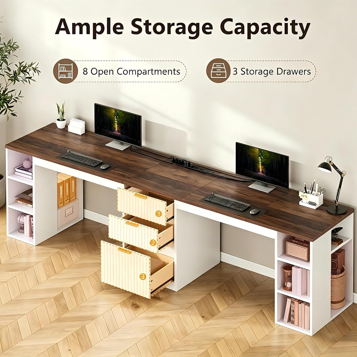 96.5" 2 Person Desk with Power Outlet & USB Ports, Double Computer Desk with Drawers & Storage Shelves, Modern Fluted Home Office Desk, White