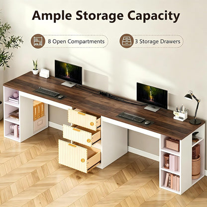 96.5" 2 Person Desk with Power Outlet & USB Ports, Double Computer Desk with Drawers & Storage Shelves, Modern Fluted Home Office Desk, White