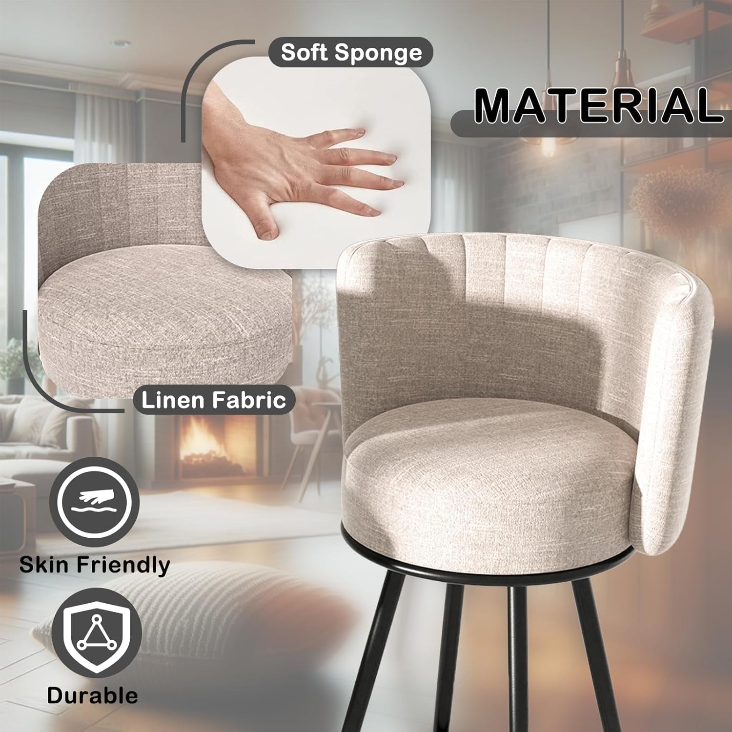 Bar Stools Set of 4, 27" Tufted Modern Counter Height Bar Stools, Upholstered Barstools with Back & Footrest Metal Legs, Stools for Kitchen Island, Counter, Cafes, Dining Room (Beige)