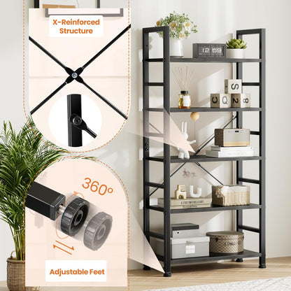 Book Shelf, 5 Tier Bookcase, Modern Tall Bookshelf for Garage Kit, Cds, Movies, Industrial Corner Storage Organizer for Bedroom Home Office Kitchen Living Room, Black
