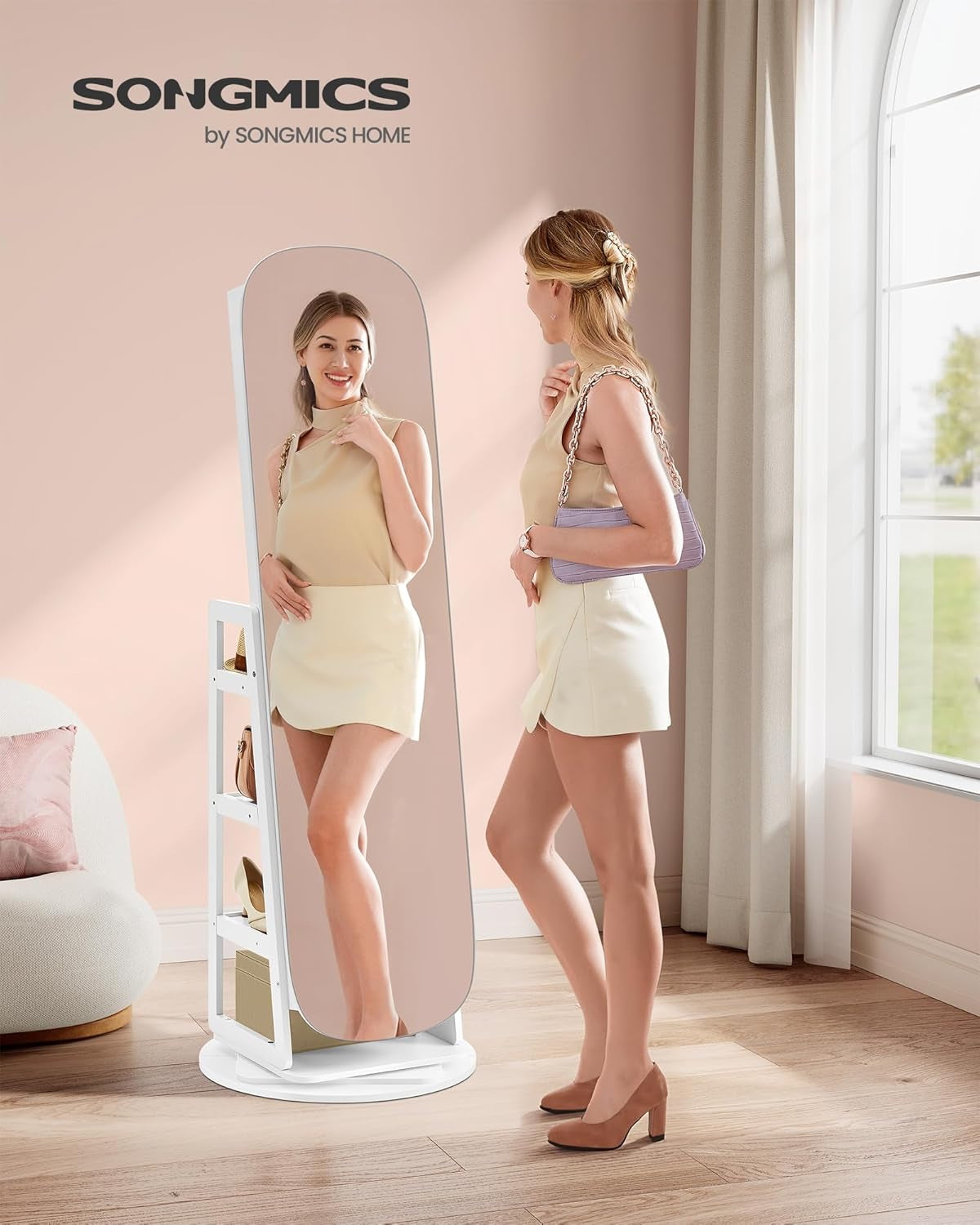 LED Jewelry Cabinet, 360° Swivel Jewelry Organizer, Lockable Mirror Jewelry Cabinet Standing, Rounded Wide Full-Length Mirror with Storage Shelves, Interior Mirror, Cloud White UJJC036W01