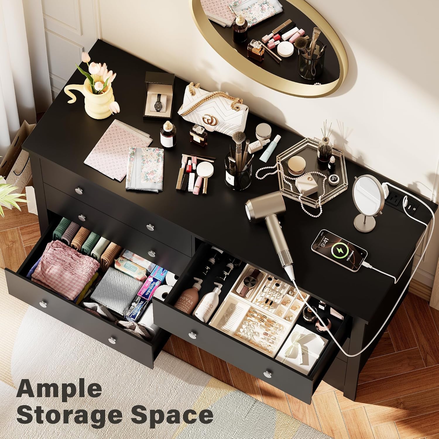 6 Drawer Dresser with Power Outlet, Modern Wooden Chest of Drawers, Multipurpose TV Stand & Closet for Bedroom, Living Room, Hallway (Black)