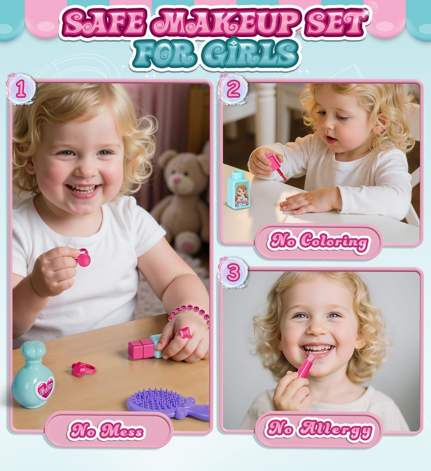 Kids Vanity Table and Chair Set with Mirror Light Music, Toddler Girls Makeup Table with Stool ＆ Hair Dryer, Pretend Play Princess Dress up Vanity Set, Birthday Gifts for 3 Year Old Girl