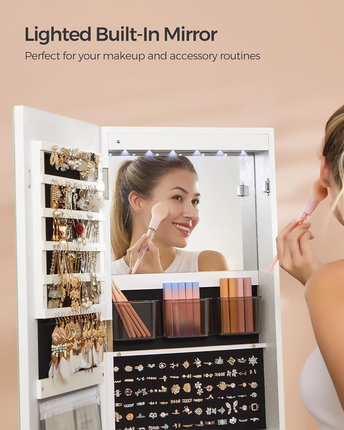 LED Jewelry Cabinet Standing, Lockable Armoire with Full-Length Mirror and Adjustable Lights, Space-Saving Organizer, Gift Idea, Cloud White UJJC008W01