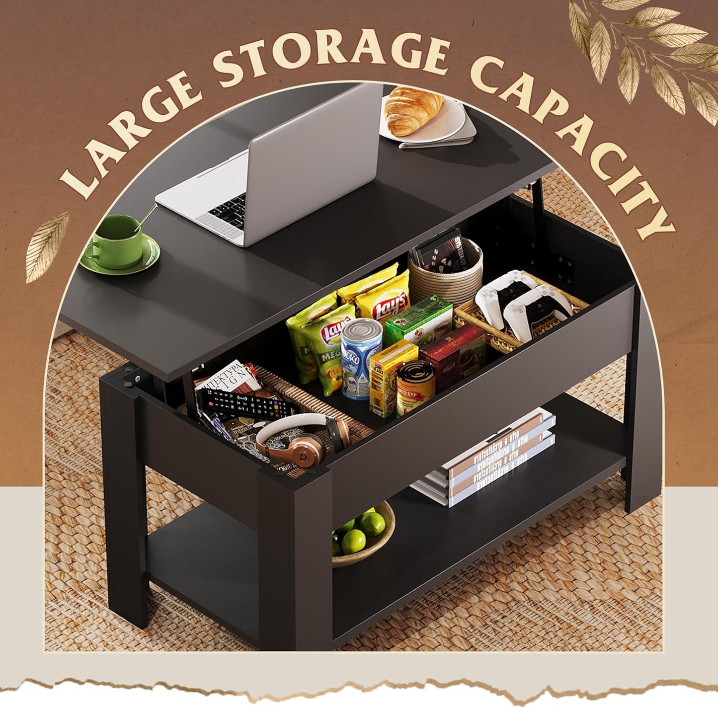 Coffee Table, 39" Lift Top Coffee Table with Hidden Compartment, Storage Shelf and Lifting Top for Home Living Room, Office and Reception Room, Black