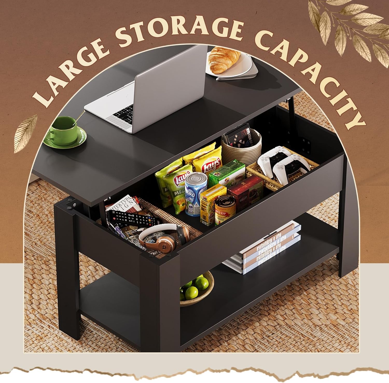 Coffee Table, 39" Lift Top Coffee Table with Hidden Compartment, Storage Shelf and Lifting Top for Home Living Room, Office and Reception Room, Black