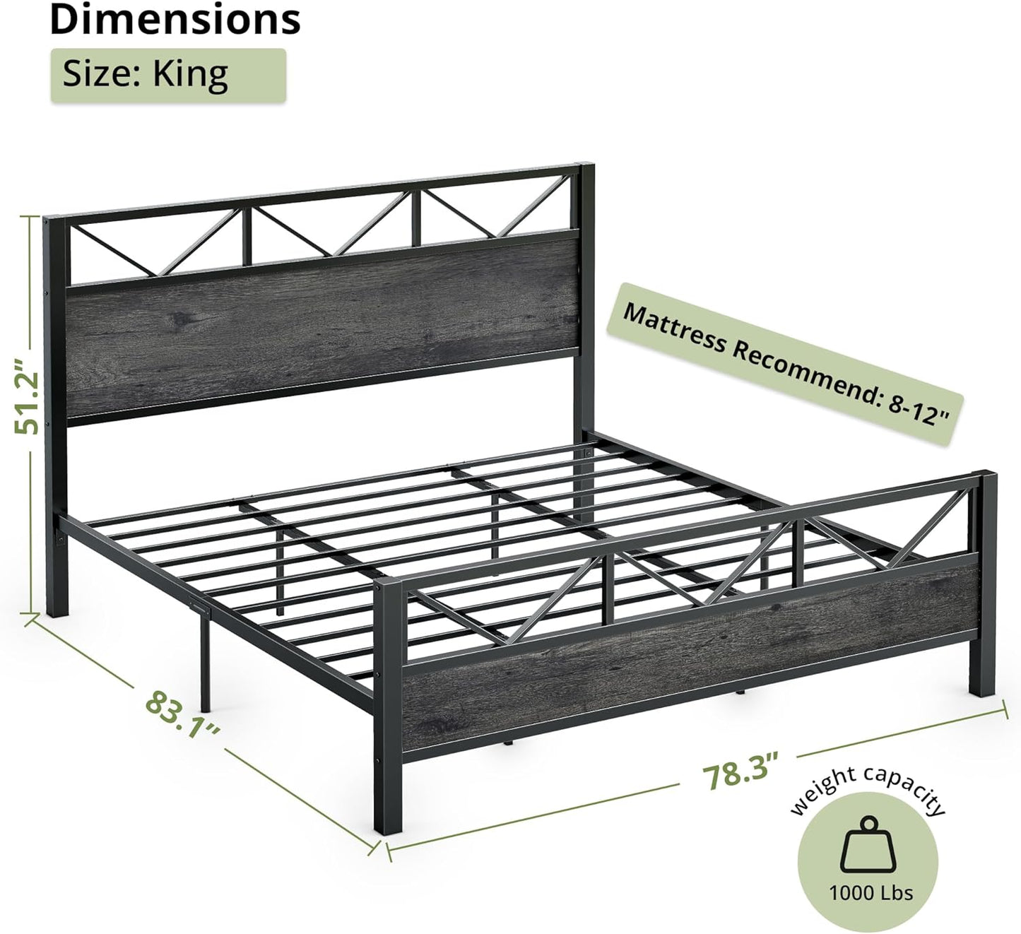 King Bed Frame, Tall Industrial Headboard 51.2 ", Platform Bed Frame with Strong Metal Support, Solid and Stable, Noise Free, No Box Spring Needed, Easy Assembly, Charcoal Grey