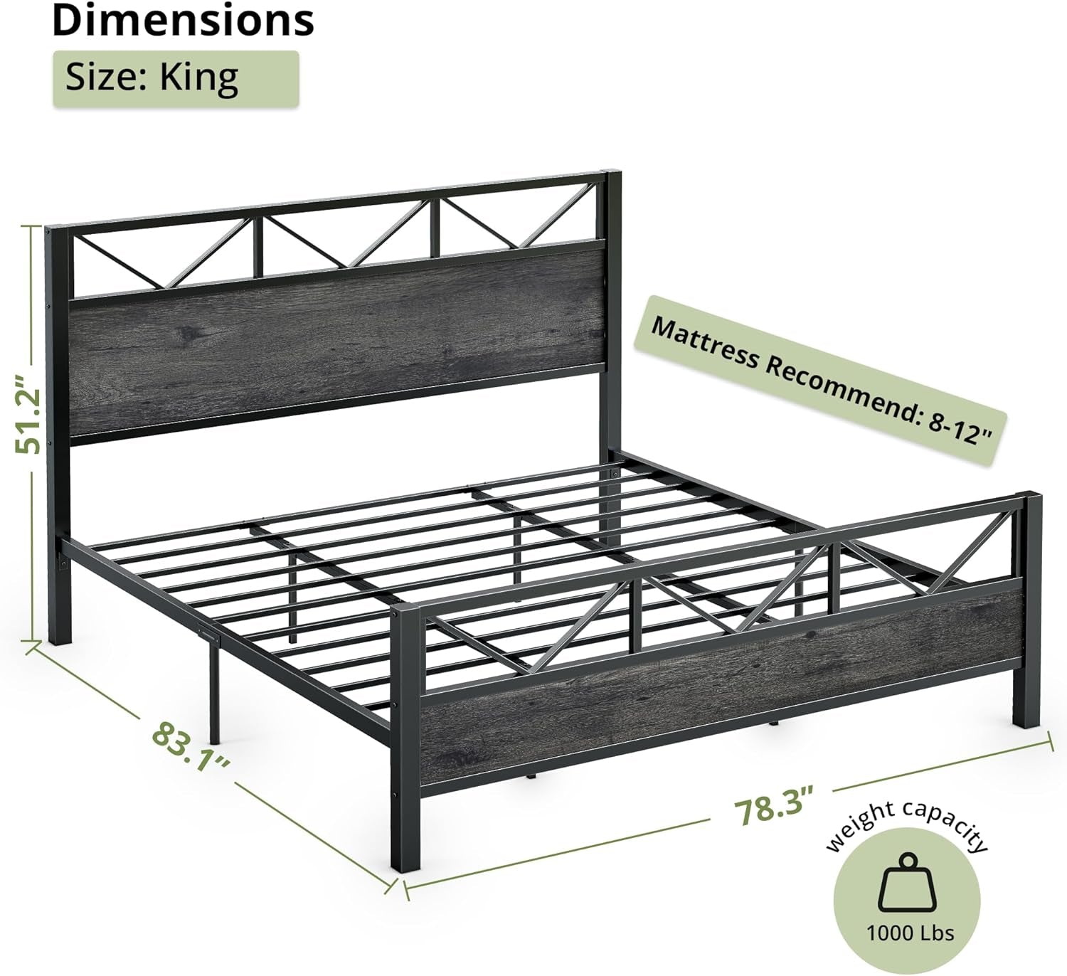King Bed Frame, Tall Industrial Headboard 51.2 ", Platform Bed Frame with Strong Metal Support, Solid and Stable, Noise Free, No Box Spring Needed, Easy Assembly, Charcoal Grey