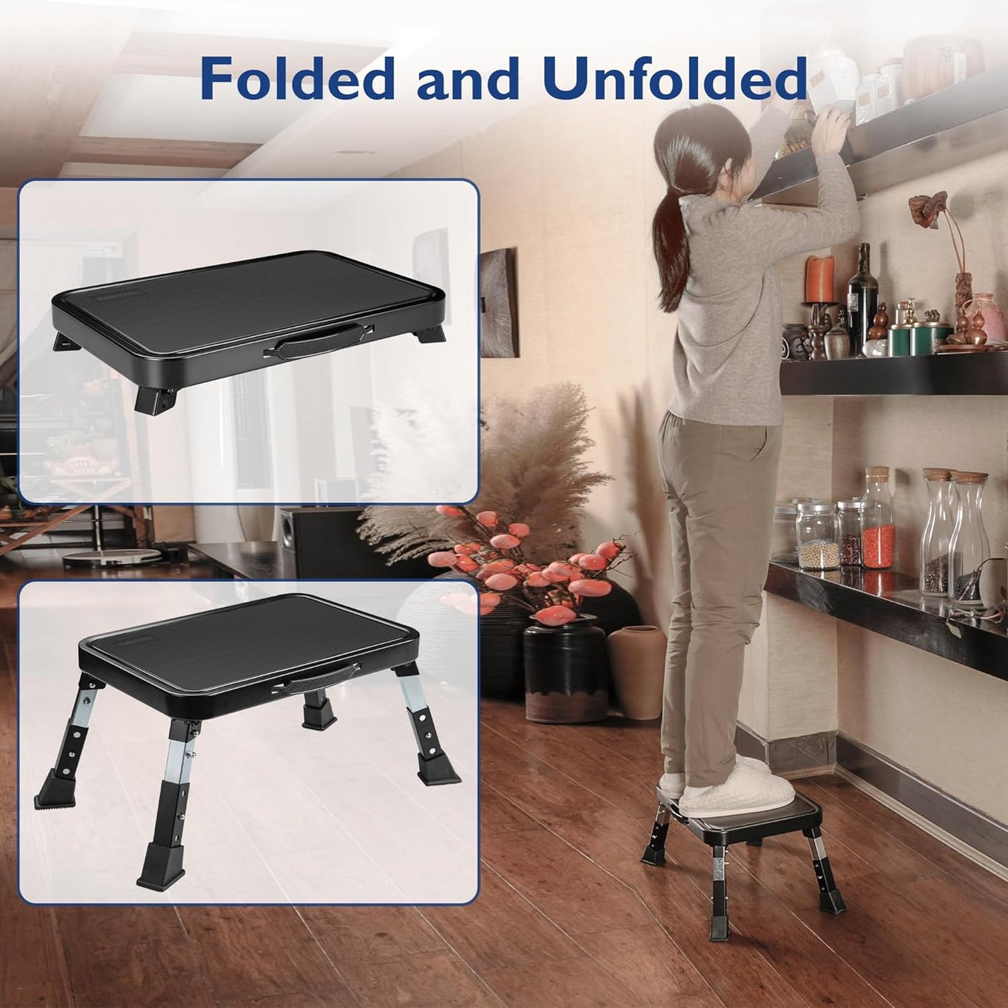 Folding Step Stool, 3-Level Adjustable Metal Step Stool with Anti-Slip Pedal and Locking Legs, 330Lbs Heavy Duty Folding Foot Stool, Portable Stepping Stool for Kids, Kitchen, Home, Office