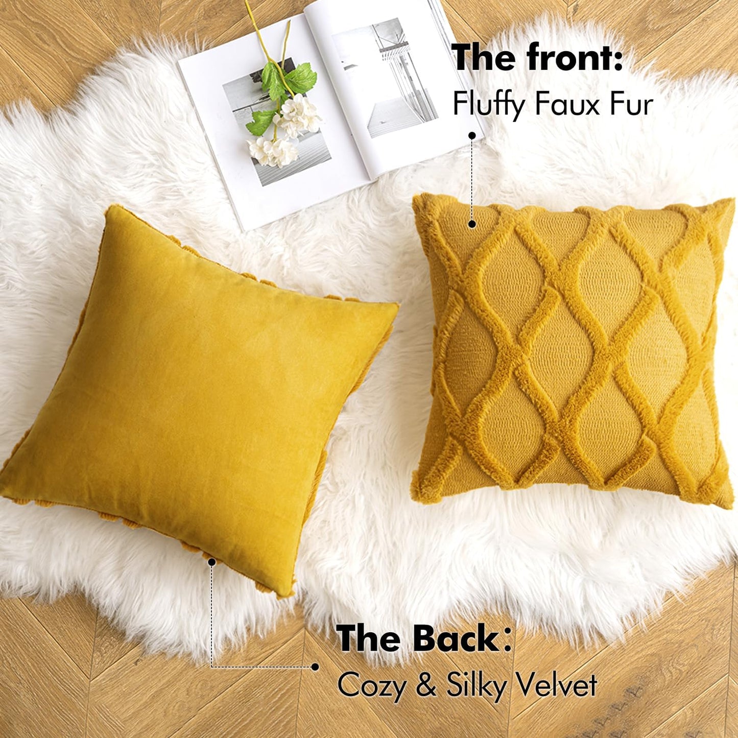 Spring Decorative Throw Pillow Covers Mustard Yellow 18X18 Inch Set of 2, Soft Plush Faux Wool Couch Cushion Covers Farmhouse Throw Pillows for Couch Bed Sofa Living Room