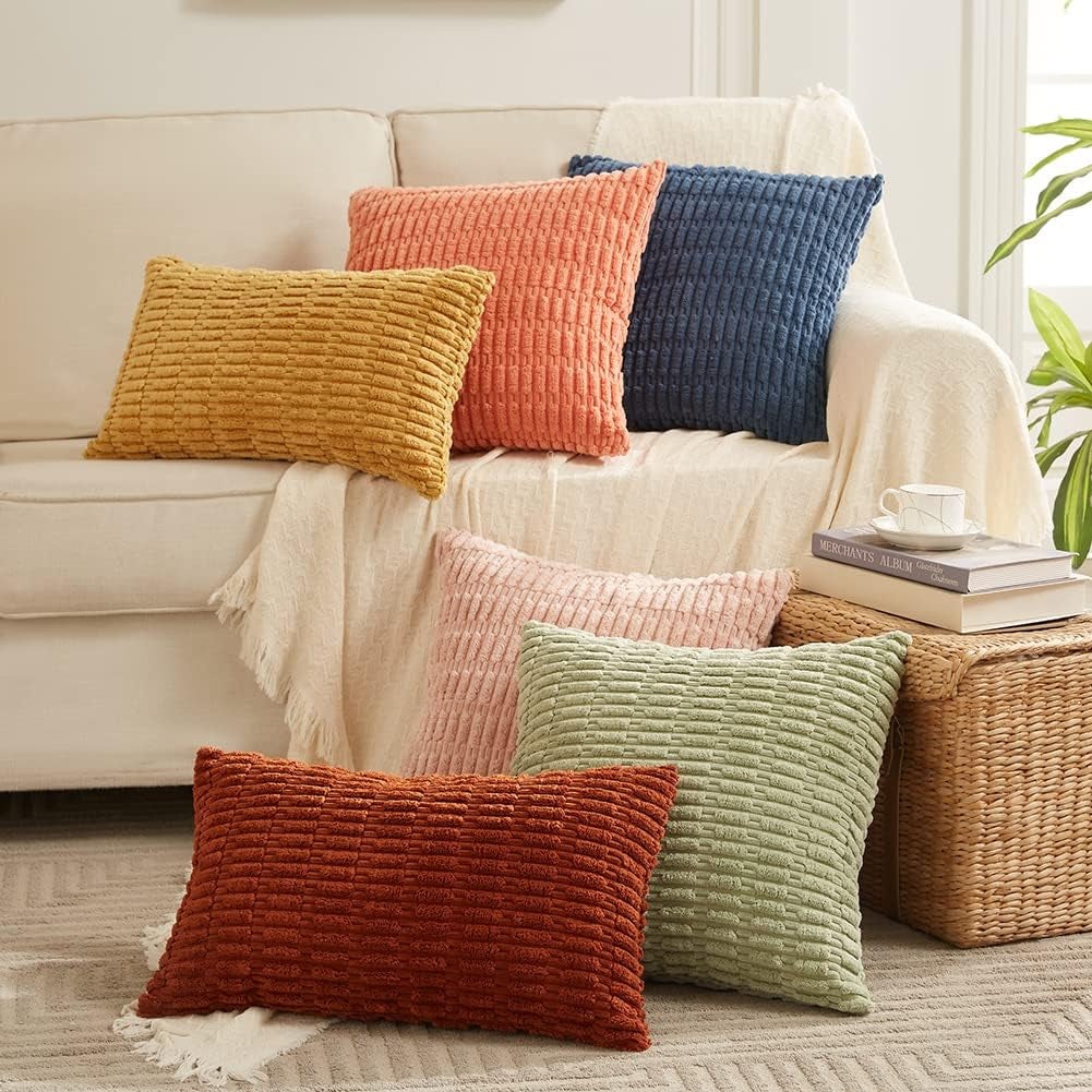 2 Packs Rust Decorative Throw Pillow Covers 18X18 Inch for Living Room Couch Bed Sofa, Soft Striped Corduroy Square Cushion Case 45X45 Cm, Terracotta Rustic Farmhouse Boho Home Decor