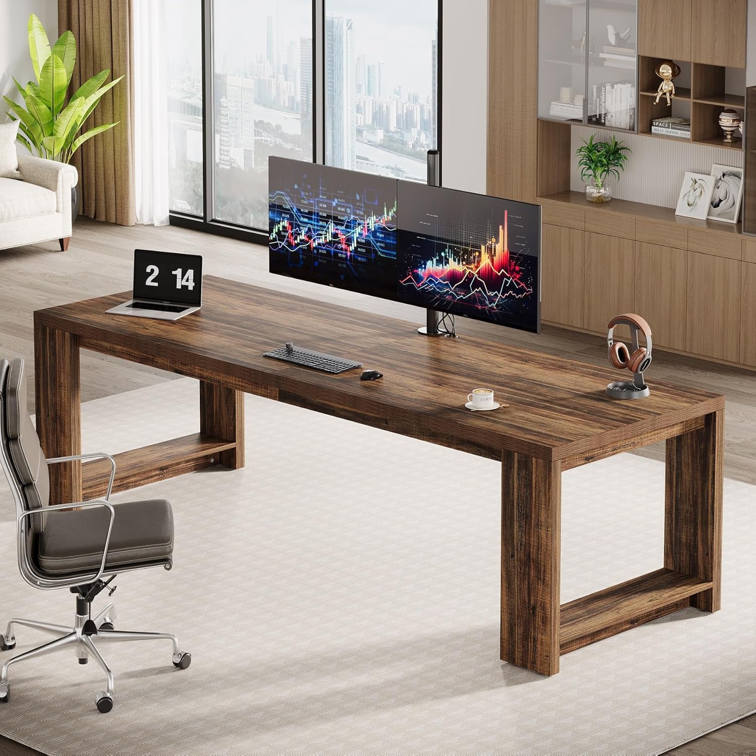 Two Person Desk, 86.6 Inches Extra Long Desk, Double Computer Writing Table, All Wood Large Desks Workstation for Home Office, Rustic Brown