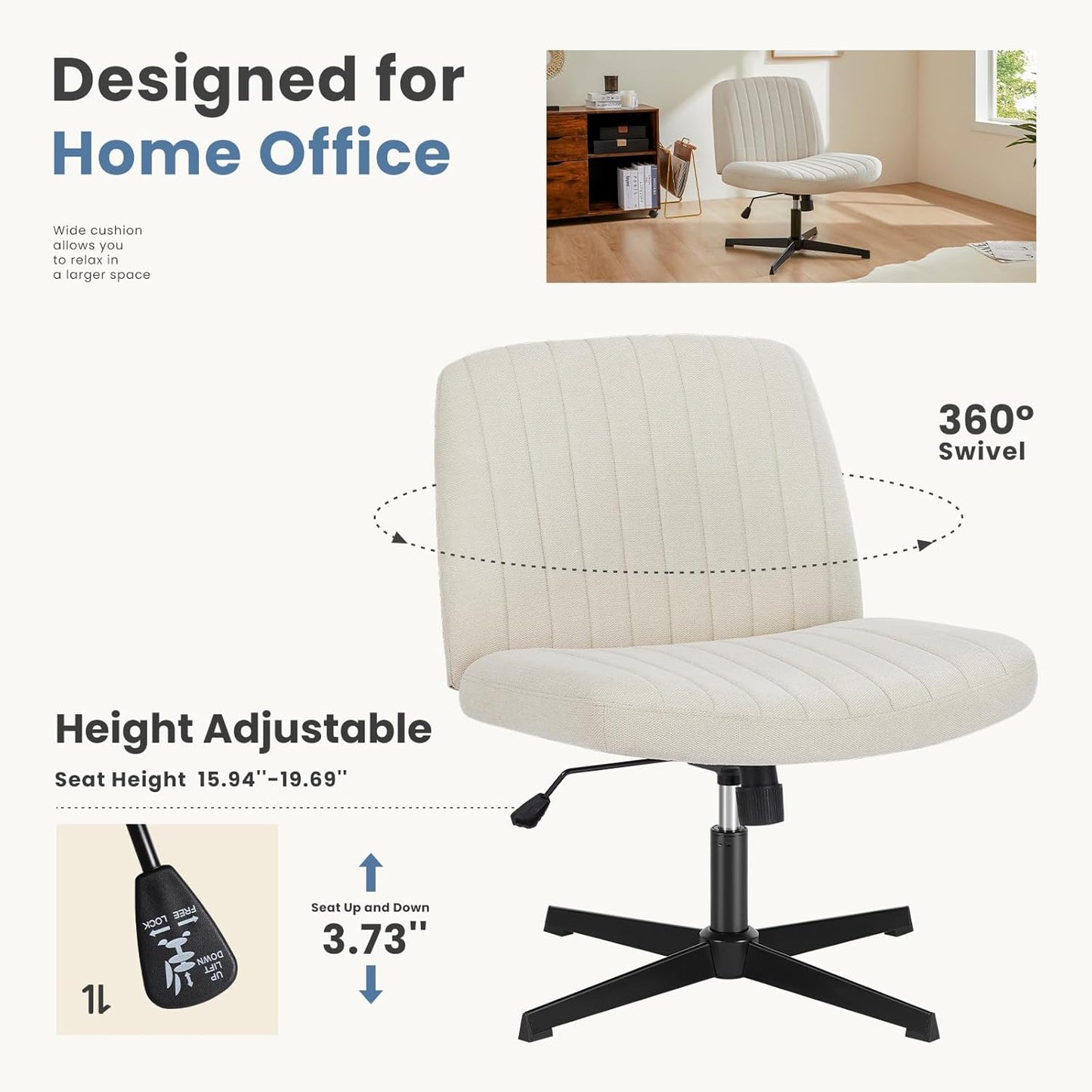 Desk Chair No Wheels, Criss Cross Chair Wide Cross Legged Office Desk Vanity Comfy Chair, Armless Adjustable Swivel Chairs for Home Computer Task Beige