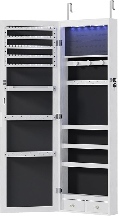 6 Leds Jewelry Cabinet Organizer, 47.2-Inch Jewelry Armoire with Full-Length Mirror, Wall or Door Mounted Jewelry Storage, Lockable Large Capacity Storage, White