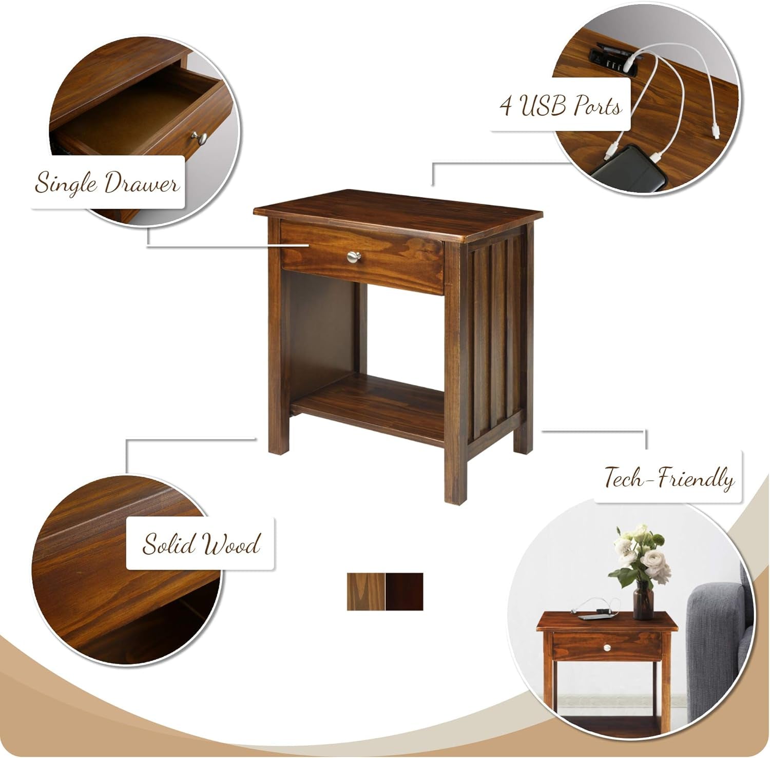Vanderbilt Nightstand with USB Port- Espresso