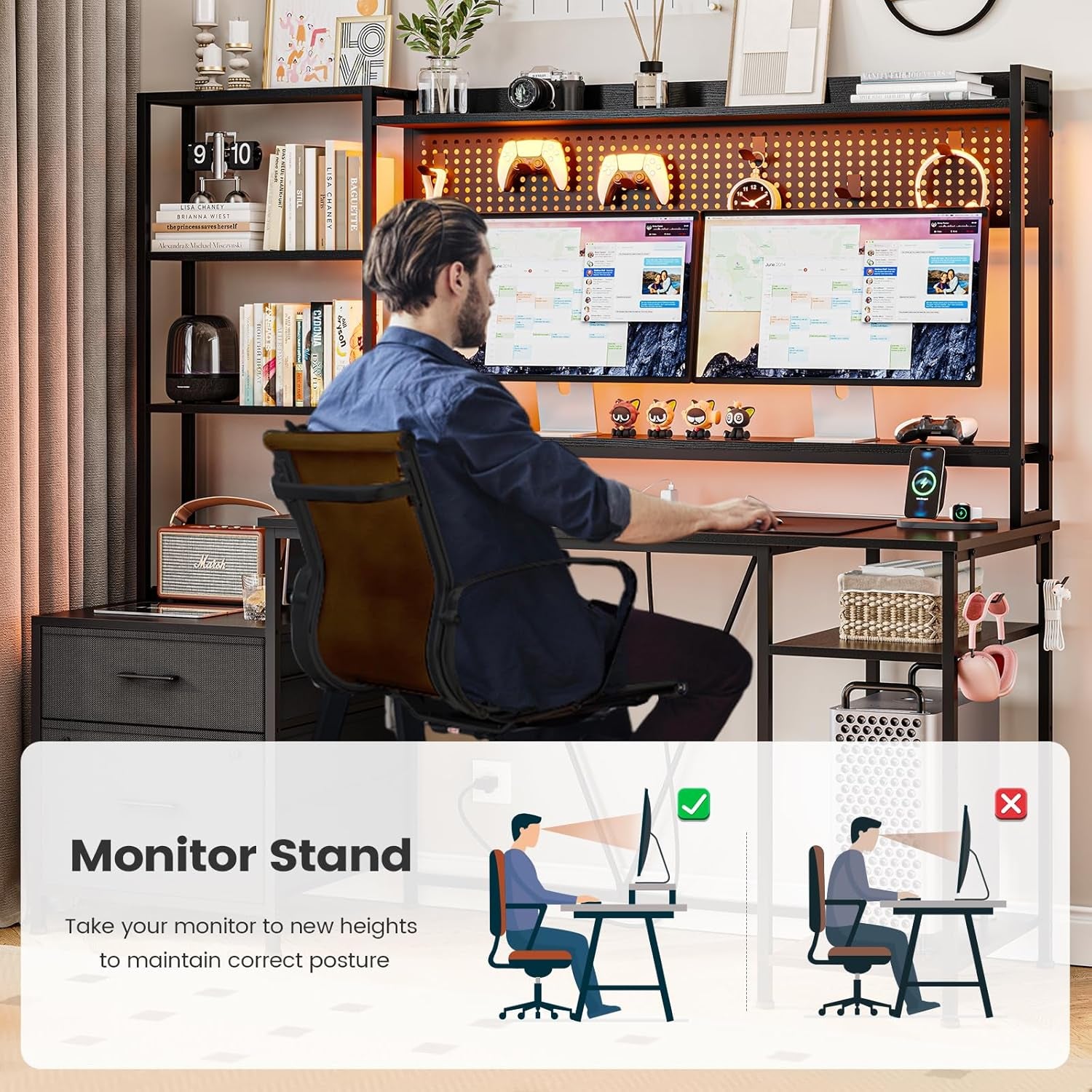 Gaming Desk with Hutch, 65In Reversible Computer Desk with Power Outlets LED Light, Home Office Desk with Monitor Stand 2 Drawers 4 Storage Shelves Pegboard 8 Hooks Mouse Pad (Black)