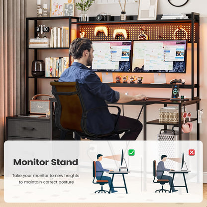 Gaming Desk with Hutch, 65In Reversible Computer Desk with Power Outlets LED Light, Home Office Desk with Monitor Stand 2 Drawers 4 Storage Shelves Pegboard 8 Hooks Mouse Pad (Black)