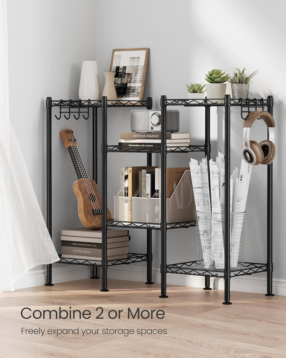 3-Tier Bathroom Shelf, Storage Rack for Small Space, with 3 PP Shelf Liners, Removable Hook, Extendable Design, Ink Black and Translucent ULGR103B01