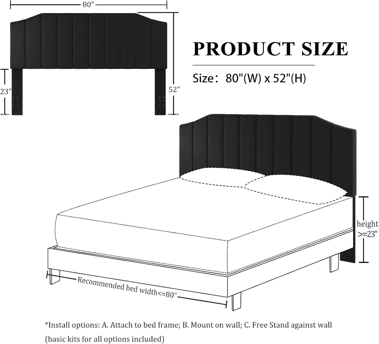 King Size Headboard Only, Velvet Upholstered Headboard King/California King Size Wall Mount and Bed Frame Mount, Featuring High-Density Sponge Padding Easy Assembly Comfort Style-Black