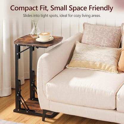 Set of 2 Folding Samll Side Table, C-Shaped End Table for Couch, Slide under Couch Side Table for Sofa Bed, Foldable TV Tray for Small Spaces, Living Room, Bedroom, Rustic Brown ETHR4101S2