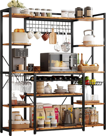 Large Bakers Rack with Power Outlet, 62 Inch Wide Microwave Stand, Coffee Bar with Storage, Kitchen Racks and Shelves, Vintage Brown