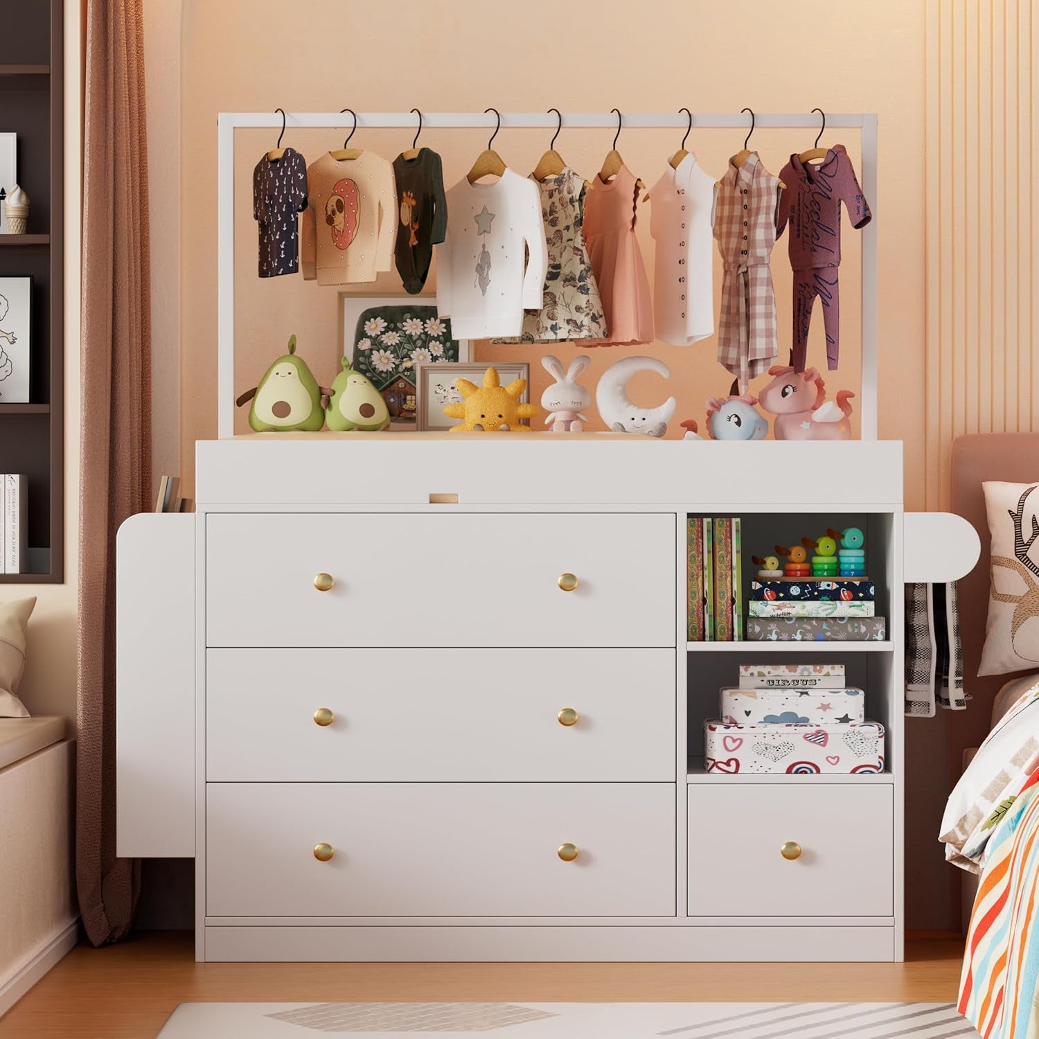 Modern Changing Table Dresser,Baby Dressing Table with 4 Drawers and Storage Shelves,Multi-Functional Baby Changing Table with Drying Rack for Nursery, White