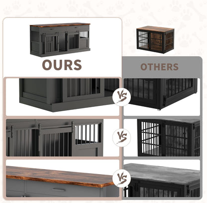 Large Dog Crate Furniture for 2 Dogs 71 Inches Decorative Indoor Dog Kennel Furniture with 2 Drawers XXL Heavy Duty Dog Crates Cage Furniture with Removable Divider and Sliding Doors Black