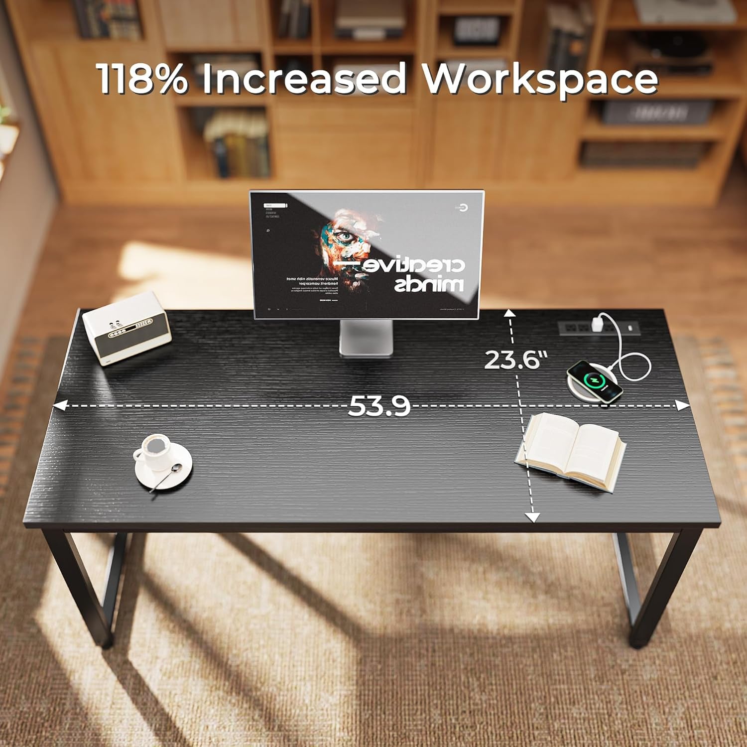 55 X 24 Inch Desk with Power Outlets & USB-C, Deeper & Thicker Desktop, Robust Metal Tubes, Computer Desk, Heavy Duty Office Desk, Work Gaming Desk for Home Office, Black