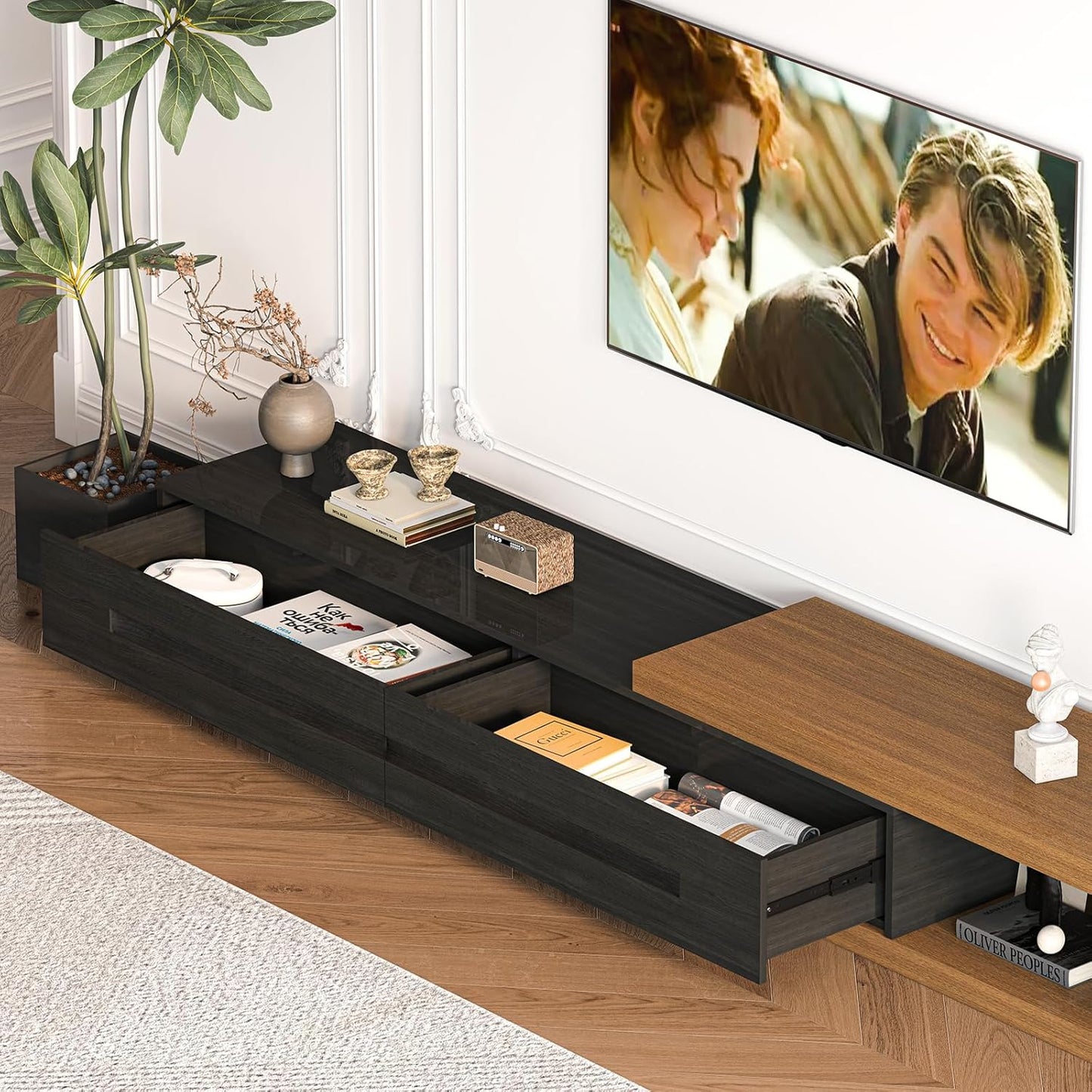 Extendable TV Stand with 2 Drawers, 80"-115" Modern Wood TV Console for up to 120 Inch TV, Long Reversible Entertainment Center with Storage for Living Room Bedroom, Black& Walnut