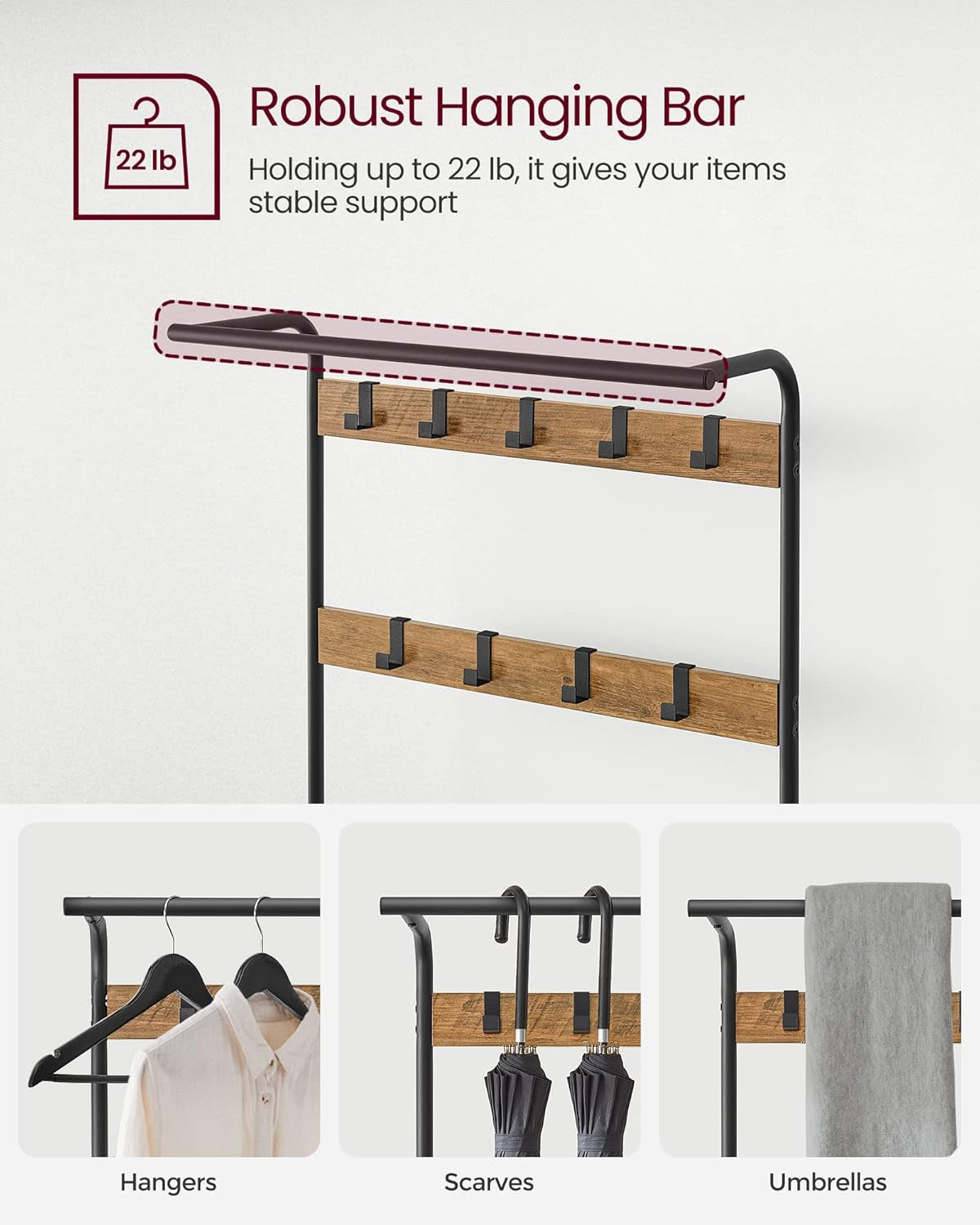 Coat Rack, Hall Tree with Shoe Bench for Entryway, Entryway Bench with Coat Rack, 4-In-1, with 9 Removable Hooks, a Hanging Rod, 13.3 X 28.3 X 72.1 Inches, Rustic Walnut and Black UHSR040B41