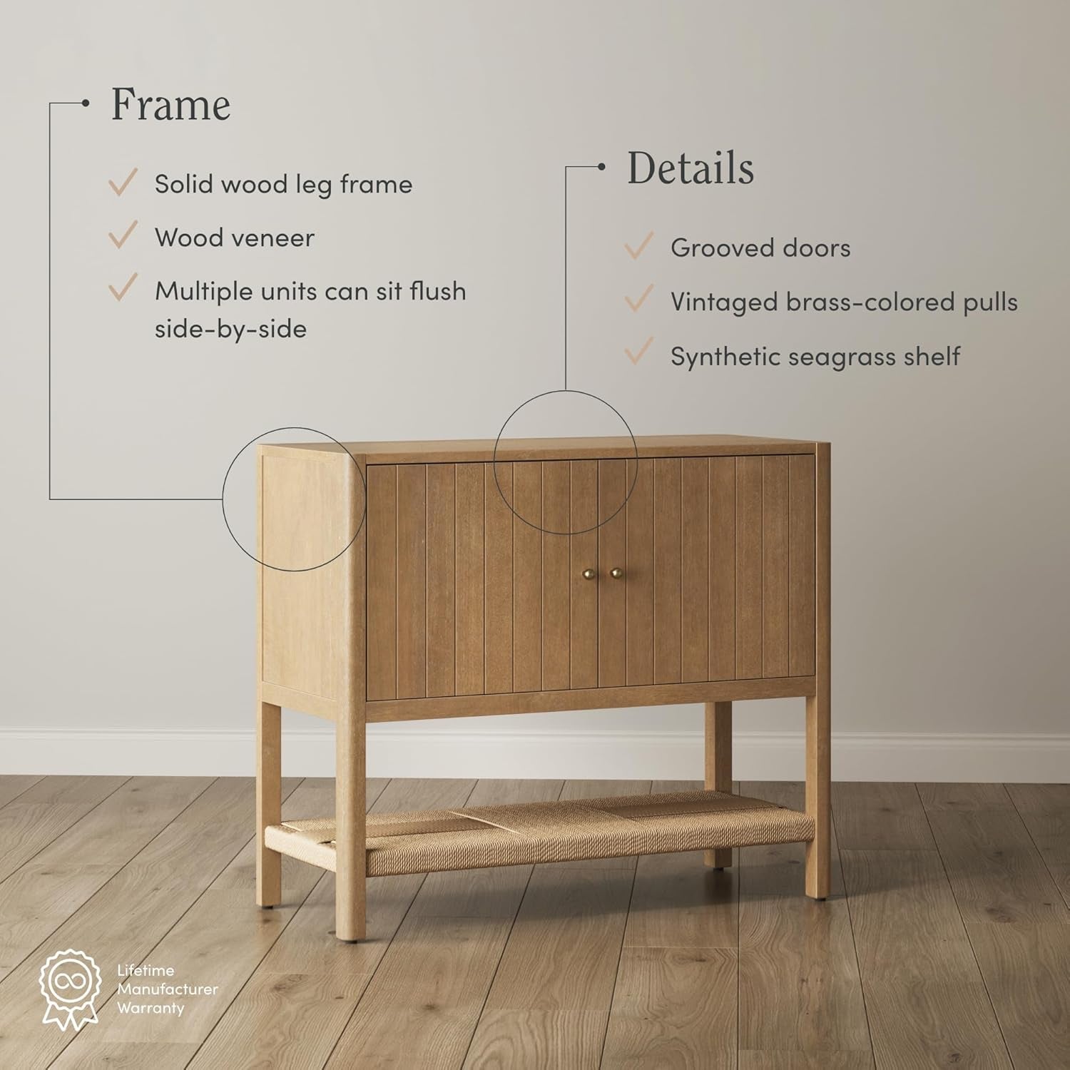 Meads Mid Century Modern Cabinet with Doors, Solid Wood Kitchen Cabinet with Adjustable Interior Shelf and Seagrass Bottom Storage, Light Brown