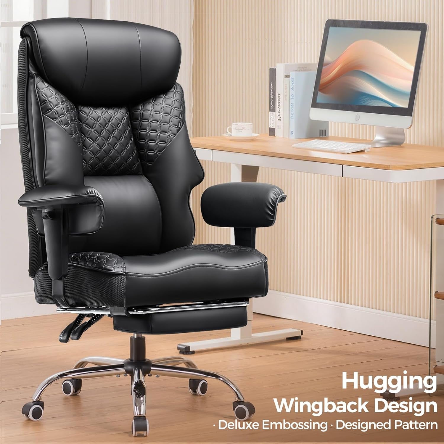 Big and Tall Office Chair 400LBS Wide Ergonomic Gaming Chair with Deluxe Embossing Designed Leather with Foot Rest,150°Reclining Adjustable Soft Armrests Pocket Spring Back Support and Pillow