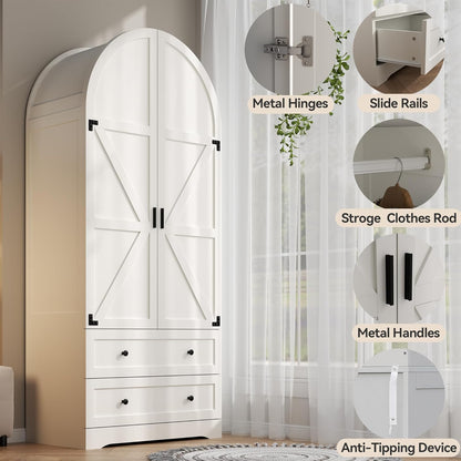 74.8" Armoire Wardrobe Closet with 2 Drawers and 2 Doors, Tall Bedroom Freestanding Armoire Storage Cabinet with Shelves, Wood Large Wardrobe Combination for Hanging Clothes (White)