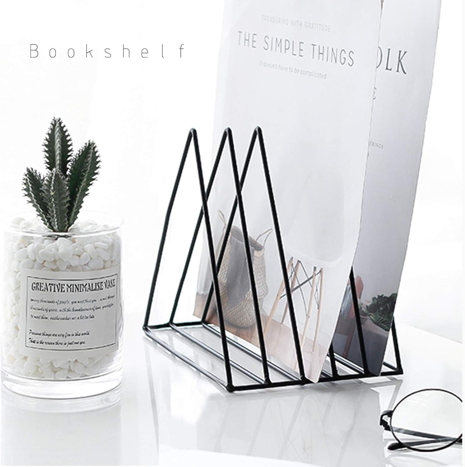 Triangle File Holder,5 Slot Metal Vinyl Record Stand Holder Magazine Newspaper Holder Photography Props for Office Home 1 Pc (Black)