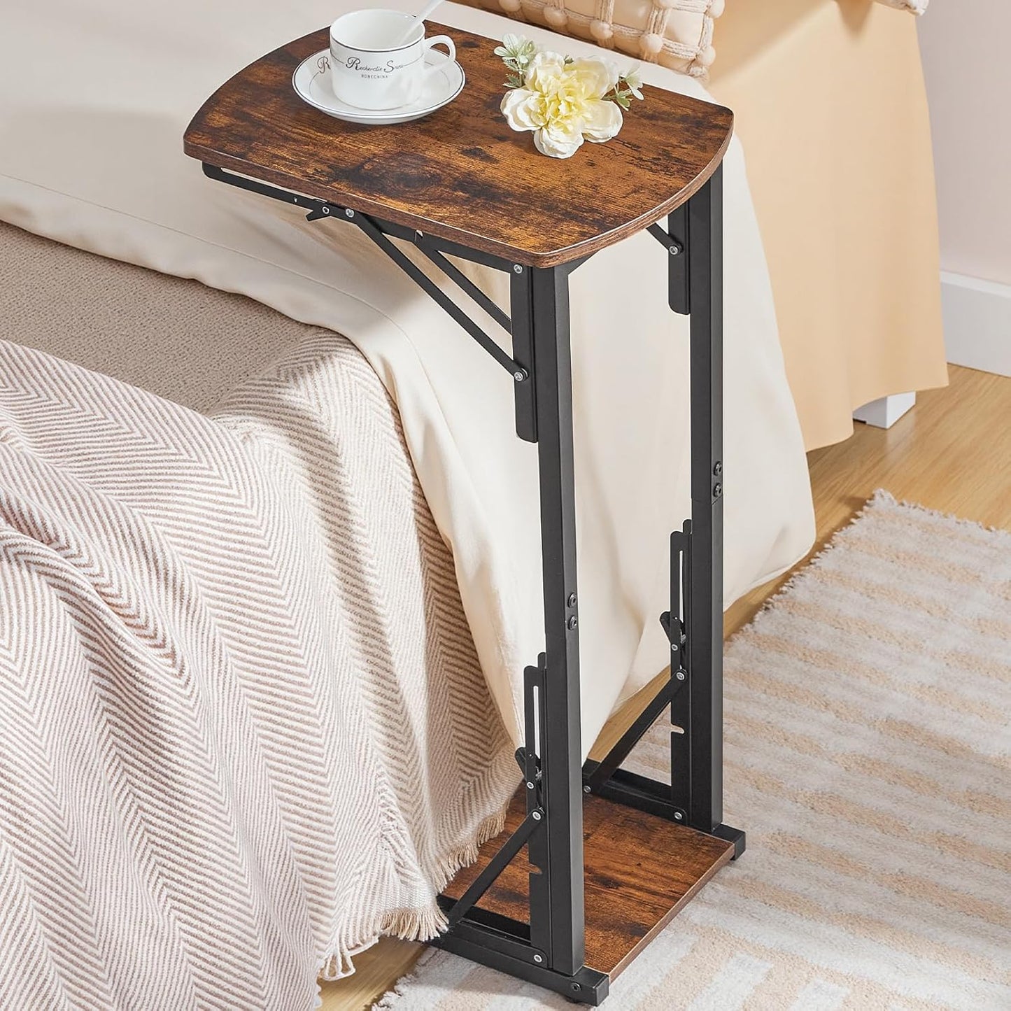 Folding C-Shaped End Table, Side Table for Couch, TV Tray Table for Small Spaces, Small Couch Side Table That Slide under Sofa Bed, Living Room, Bedroom, Bedside, Black ETBK4101