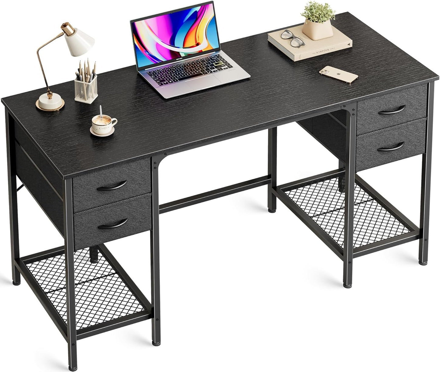 47 Inch Computer Desk with 4 Drawers, Office Desk with Mesh Shelf, Gaming Desk, Large Storage, Writing Work Desk for Home Office, Study, Bedroom, Work from Home, Black