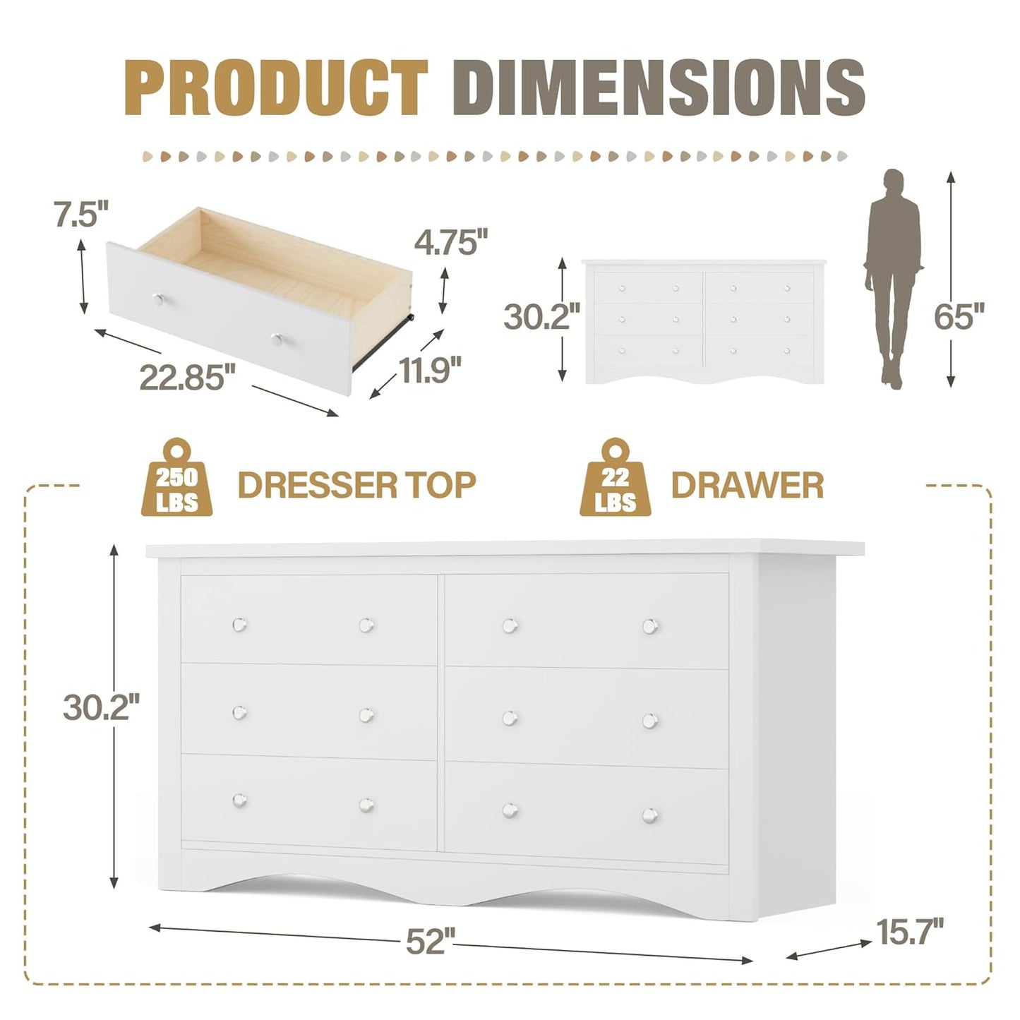 Dresser for Bedroom with 6 Drawers, Modern Chest of Drawers, Wooden Dressers, TV Stand for Living Room,Closet, Hallway (White)