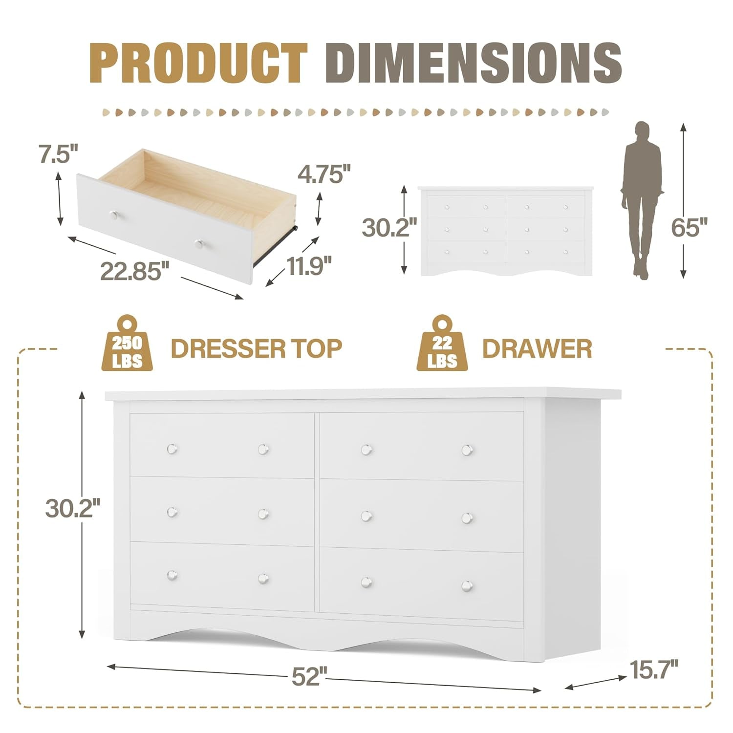 Dresser for Bedroom with 6 Drawers, Modern Chest of Drawers, Wooden Dressers, TV Stand for Living Room,Closet, Hallway (White)